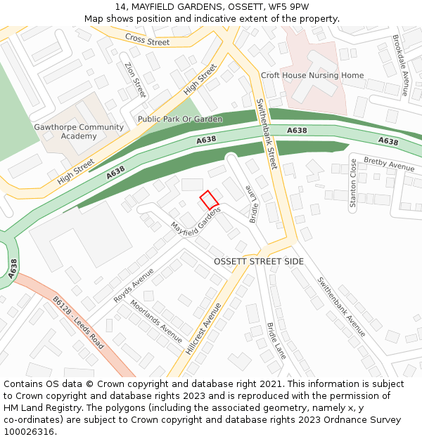 14, MAYFIELD GARDENS, OSSETT, WF5 9PW: Location map and indicative extent of plot