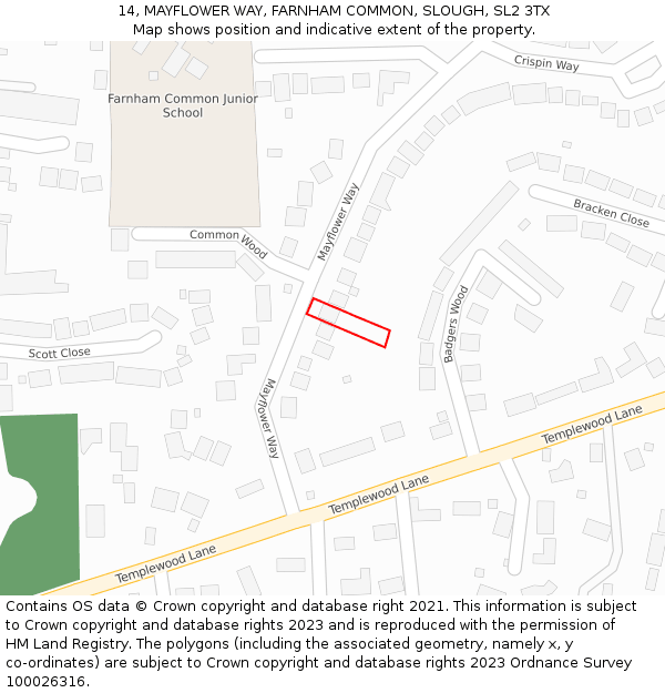 14, MAYFLOWER WAY, FARNHAM COMMON, SLOUGH, SL2 3TX: Location map and indicative extent of plot