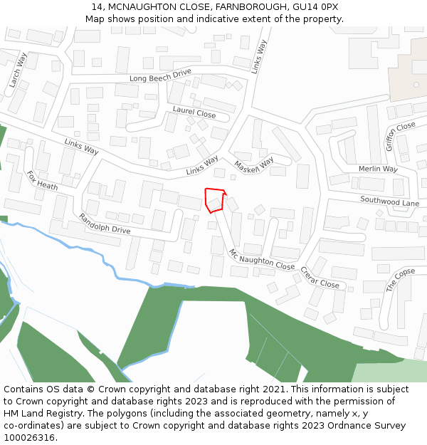 14, MCNAUGHTON CLOSE, FARNBOROUGH, GU14 0PX: Location map and indicative extent of plot