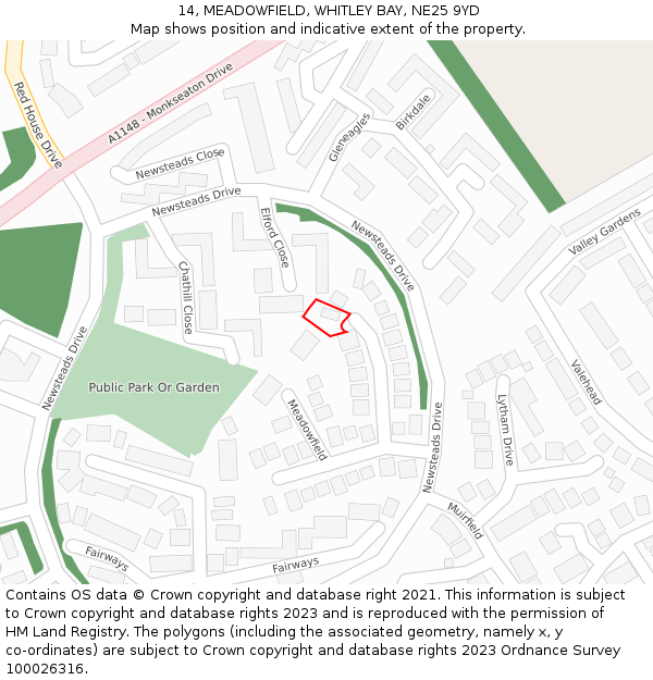 14, MEADOWFIELD, WHITLEY BAY, NE25 9YD: Location map and indicative extent of plot