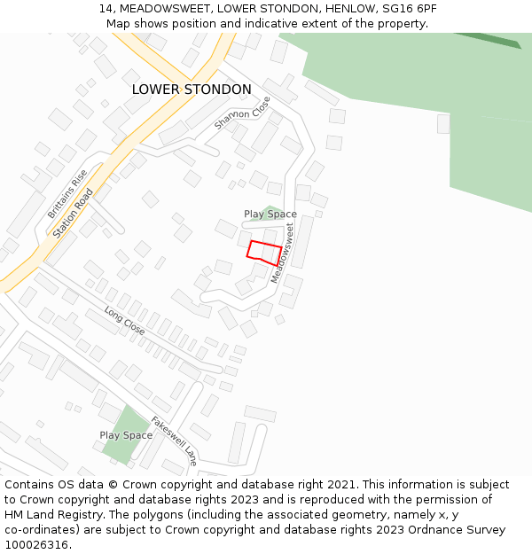 14, MEADOWSWEET, LOWER STONDON, HENLOW, SG16 6PF: Location map and indicative extent of plot