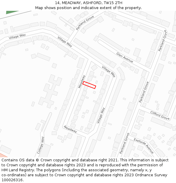 14, MEADWAY, ASHFORD, TW15 2TH: Location map and indicative extent of plot