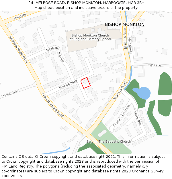 14, MELROSE ROAD, BISHOP MONKTON, HARROGATE, HG3 3RH: Location map and indicative extent of plot