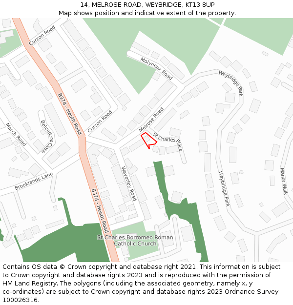 14, MELROSE ROAD, WEYBRIDGE, KT13 8UP: Location map and indicative extent of plot