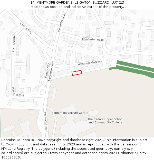 14, MENTMORE GARDENS, LEIGHTON BUZZARD, LU7 2LT: Location map and indicative extent of plot