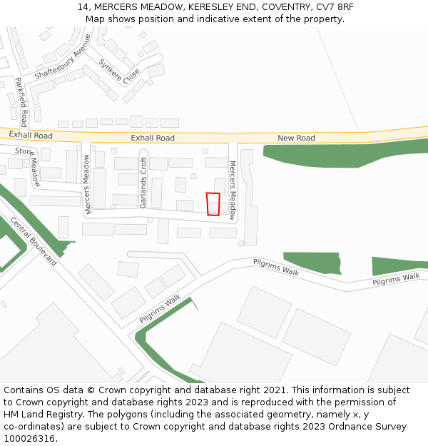 14, MERCERS MEADOW, KERESLEY END, COVENTRY, CV7 8RF: Location map and indicative extent of plot