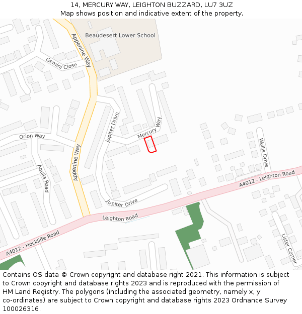 14, MERCURY WAY, LEIGHTON BUZZARD, LU7 3UZ: Location map and indicative extent of plot