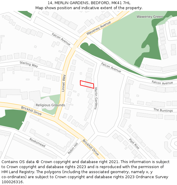 14, MERLIN GARDENS, BEDFORD, MK41 7HL: Location map and indicative extent of plot