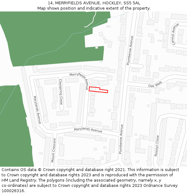 14, MERRYFIELDS AVENUE, HOCKLEY, SS5 5AL: Location map and indicative extent of plot