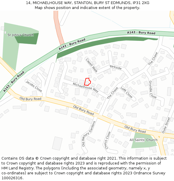 14, MICHAELHOUSE WAY, STANTON, BURY ST EDMUNDS, IP31 2XG: Location map and indicative extent of plot