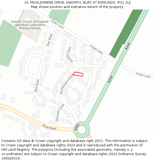 14, MICKLESMERE DRIVE, IXWORTH, BURY ST EDMUNDS, IP31 2UJ: Location map and indicative extent of plot