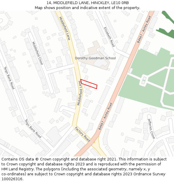 14, MIDDLEFIELD LANE, HINCKLEY, LE10 0RB: Location map and indicative extent of plot