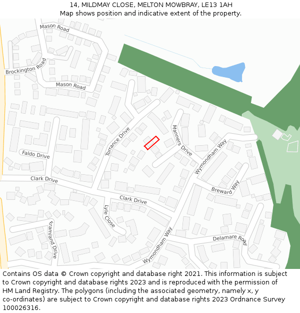 14, MILDMAY CLOSE, MELTON MOWBRAY, LE13 1AH: Location map and indicative extent of plot