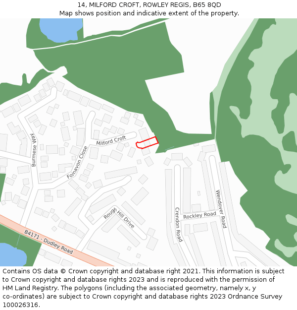 14, MILFORD CROFT, ROWLEY REGIS, B65 8QD: Location map and indicative extent of plot