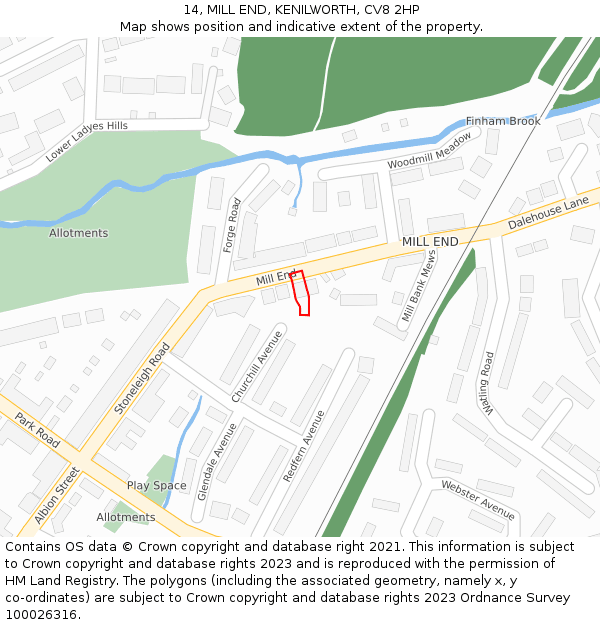 14, MILL END, KENILWORTH, CV8 2HP: Location map and indicative extent of plot