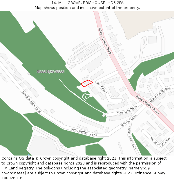 14, MILL GROVE, BRIGHOUSE, HD6 2FA: Location map and indicative extent of plot