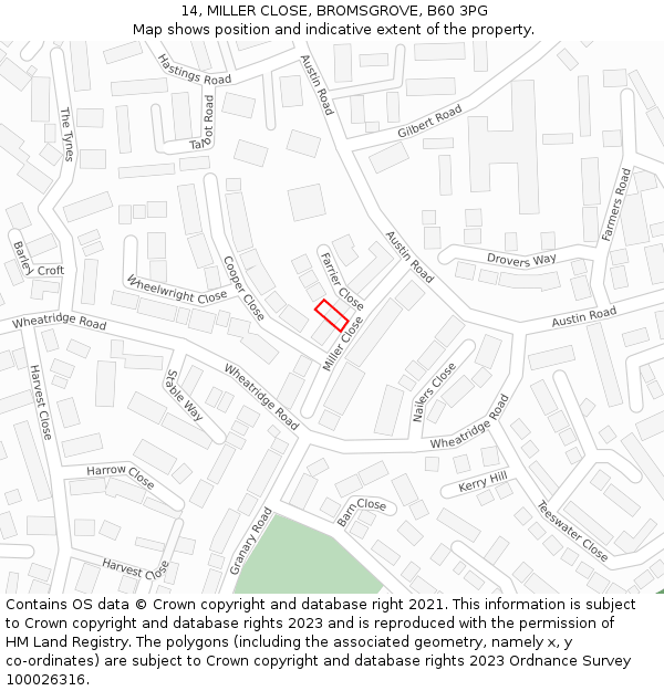 14, MILLER CLOSE, BROMSGROVE, B60 3PG: Location map and indicative extent of plot