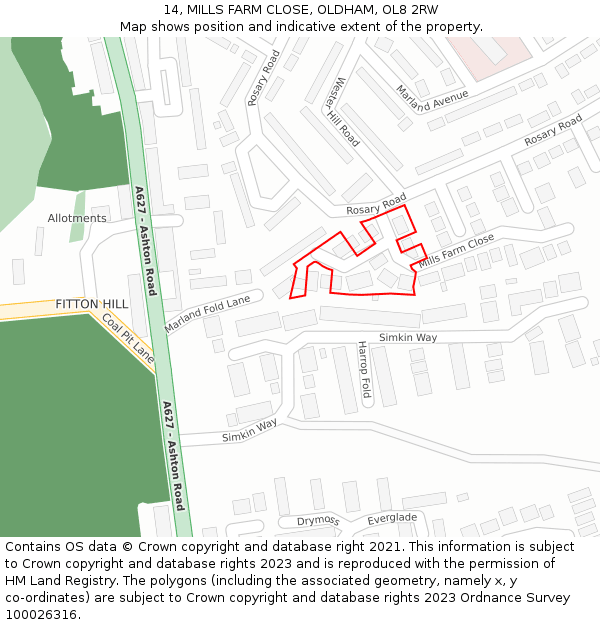 14, MILLS FARM CLOSE, OLDHAM, OL8 2RW: Location map and indicative extent of plot