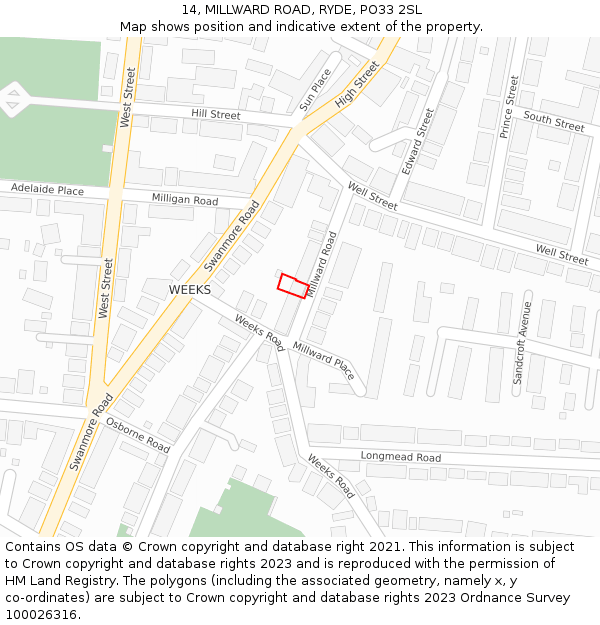 14, MILLWARD ROAD, RYDE, PO33 2SL: Location map and indicative extent of plot