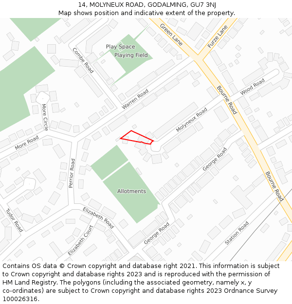 14, MOLYNEUX ROAD, GODALMING, GU7 3NJ: Location map and indicative extent of plot