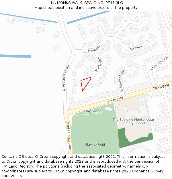 14, MONKS WALK, SPALDING, PE11 3LG: Location map and indicative extent of plot