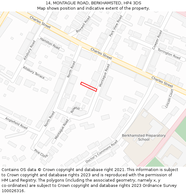 14, MONTAGUE ROAD, BERKHAMSTED, HP4 3DS: Location map and indicative extent of plot