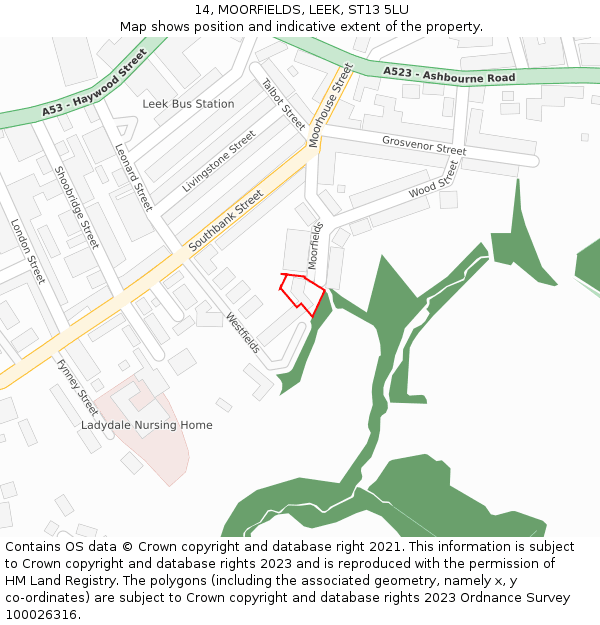 14, MOORFIELDS, LEEK, ST13 5LU: Location map and indicative extent of plot