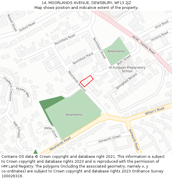 14, MOORLANDS AVENUE, DEWSBURY, WF13 2JZ: Location map and indicative extent of plot