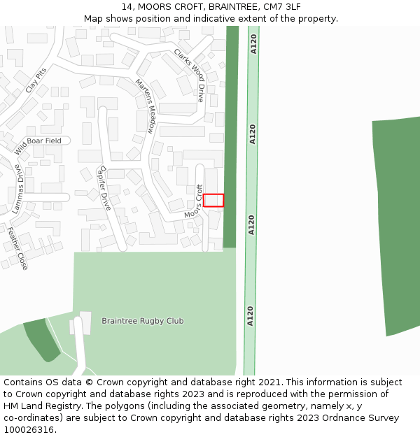 14, MOORS CROFT, BRAINTREE, CM7 3LF: Location map and indicative extent of plot