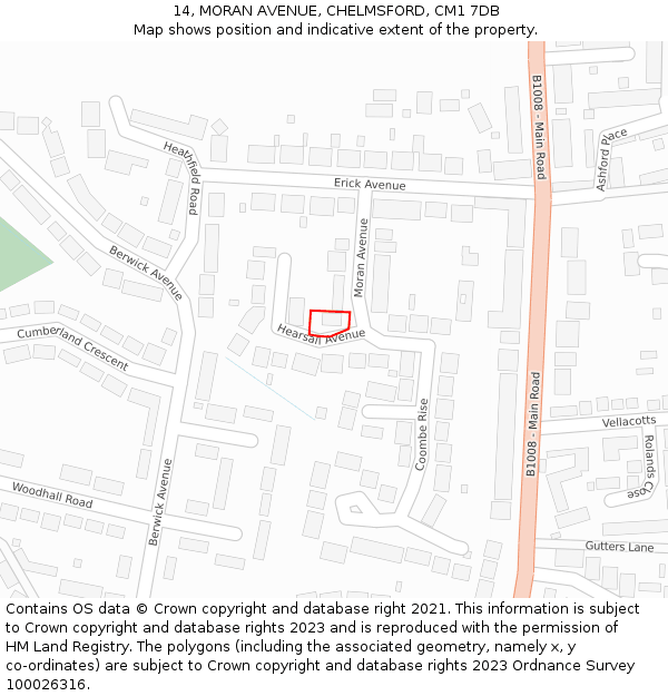 14, MORAN AVENUE, CHELMSFORD, CM1 7DB: Location map and indicative extent of plot