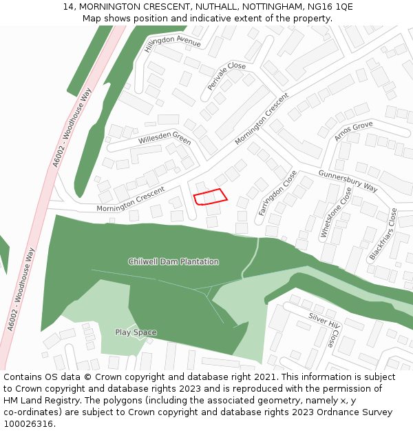 14, MORNINGTON CRESCENT, NUTHALL, NOTTINGHAM, NG16 1QE: Location map and indicative extent of plot