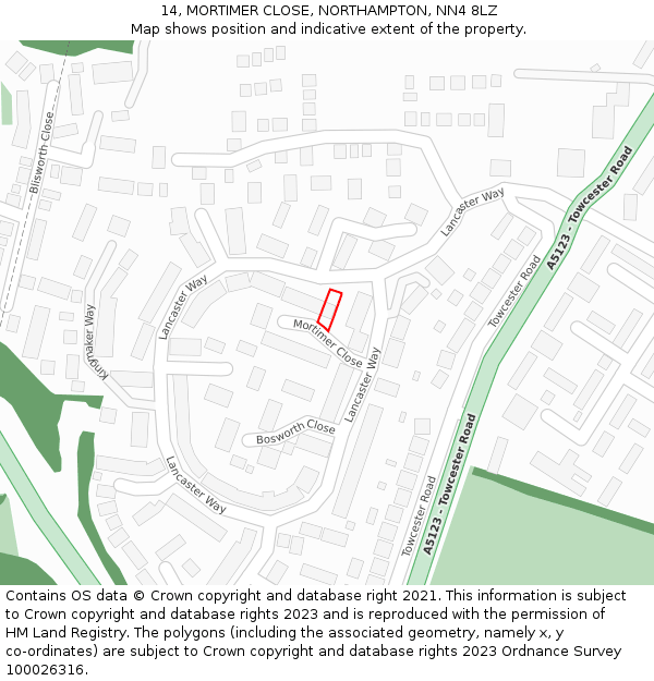 14, MORTIMER CLOSE, NORTHAMPTON, NN4 8LZ: Location map and indicative extent of plot