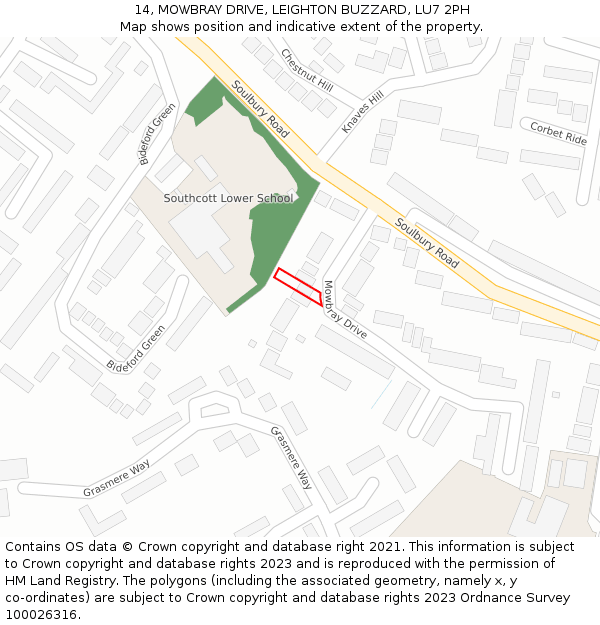 14, MOWBRAY DRIVE, LEIGHTON BUZZARD, LU7 2PH: Location map and indicative extent of plot