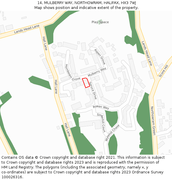 14, MULBERRY WAY, NORTHOWRAM, HALIFAX, HX3 7WJ: Location map and indicative extent of plot