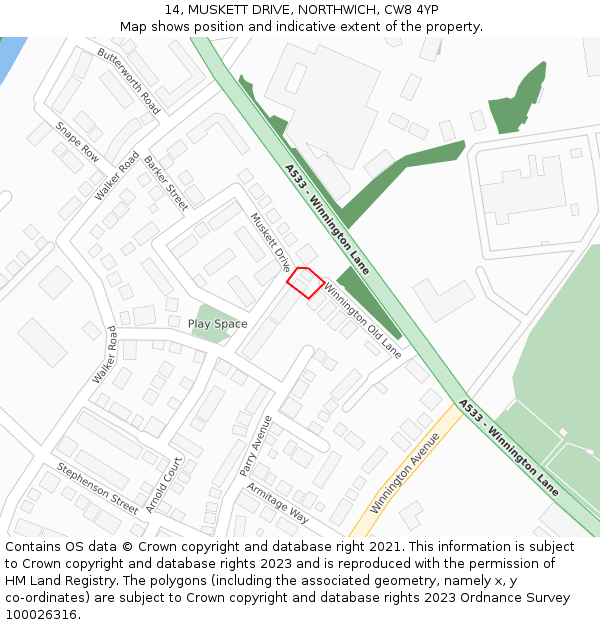 14, MUSKETT DRIVE, NORTHWICH, CW8 4YP: Location map and indicative extent of plot