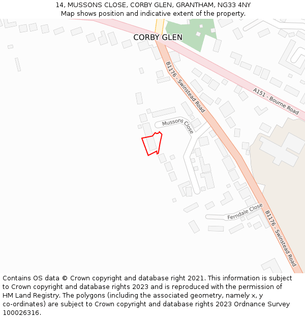 14, MUSSONS CLOSE, CORBY GLEN, GRANTHAM, NG33 4NY: Location map and indicative extent of plot