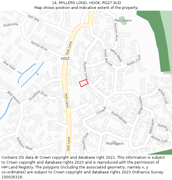 14, MYLLERS LOND, HOOK, RG27 9UD: Location map and indicative extent of plot