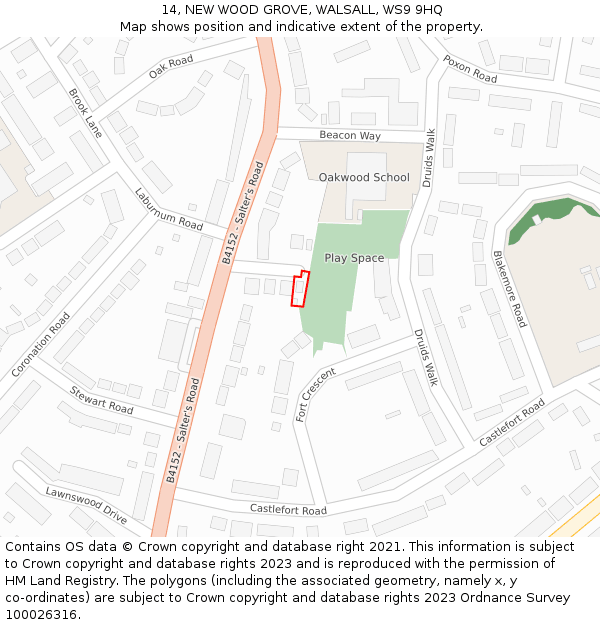 14, NEW WOOD GROVE, WALSALL, WS9 9HQ: Location map and indicative extent of plot