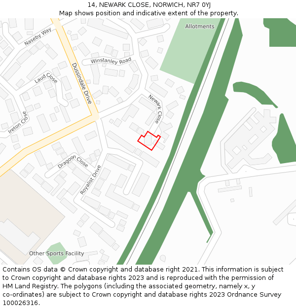 14, NEWARK CLOSE, NORWICH, NR7 0YJ: Location map and indicative extent of plot