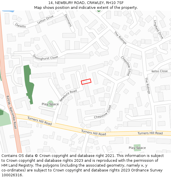 14, NEWBURY ROAD, CRAWLEY, RH10 7SF: Location map and indicative extent of plot