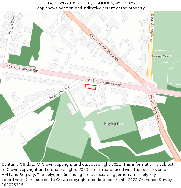 14, NEWLANDS COURT, CANNOCK, WS12 3YS: Location map and indicative extent of plot