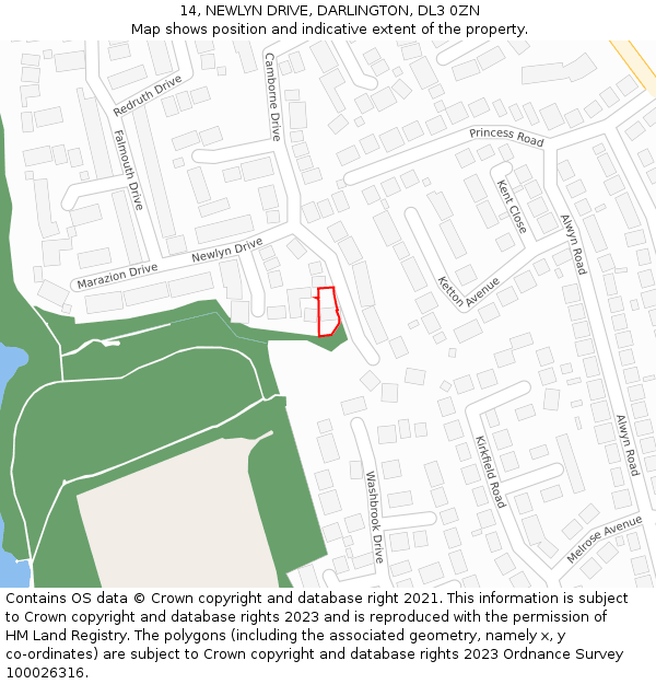 14, NEWLYN DRIVE, DARLINGTON, DL3 0ZN: Location map and indicative extent of plot