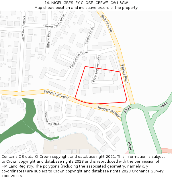 14, NIGEL GRESLEY CLOSE, CREWE, CW1 5GW: Location map and indicative extent of plot