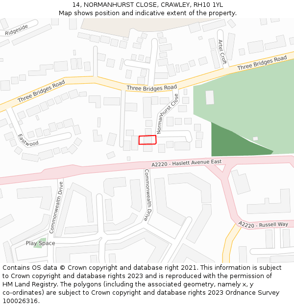 14, NORMANHURST CLOSE, CRAWLEY, RH10 1YL: Location map and indicative extent of plot