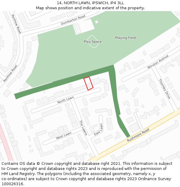 14, NORTH LAWN, IPSWICH, IP4 3LL: Location map and indicative extent of plot