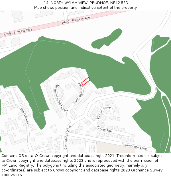 14, NORTH WYLAM VIEW, PRUDHOE, NE42 5FD: Location map and indicative extent of plot