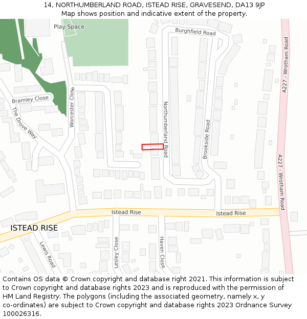 14, NORTHUMBERLAND ROAD, ISTEAD RISE, GRAVESEND, DA13 9JP: Location map and indicative extent of plot