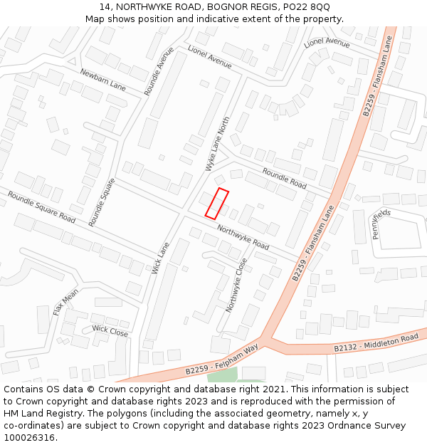 14, NORTHWYKE ROAD, BOGNOR REGIS, PO22 8QQ: Location map and indicative extent of plot