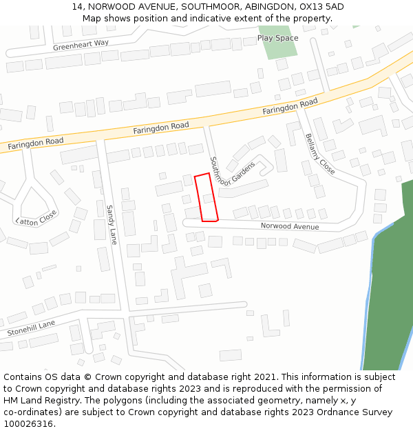 14, NORWOOD AVENUE, SOUTHMOOR, ABINGDON, OX13 5AD: Location map and indicative extent of plot