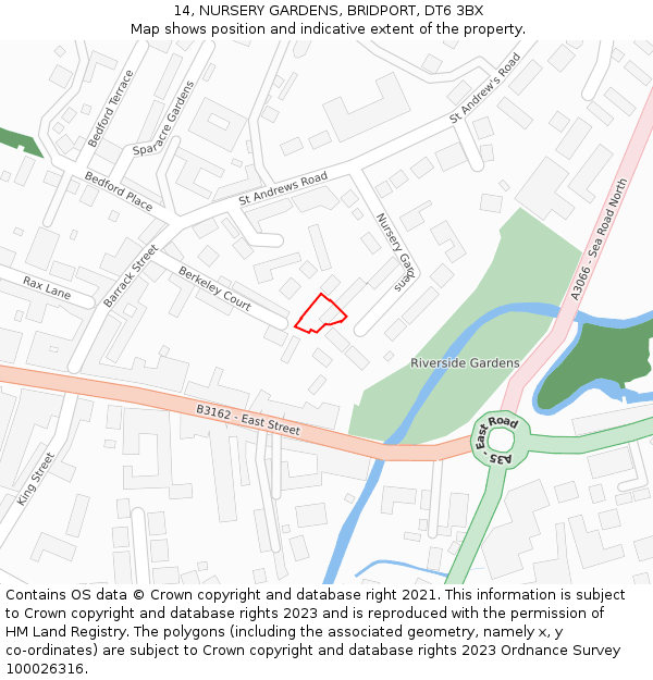 14, NURSERY GARDENS, BRIDPORT, DT6 3BX: Location map and indicative extent of plot